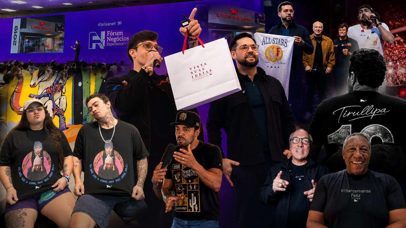Personalidades e empresas vestindo camisetas personalizadas Lion Brazil