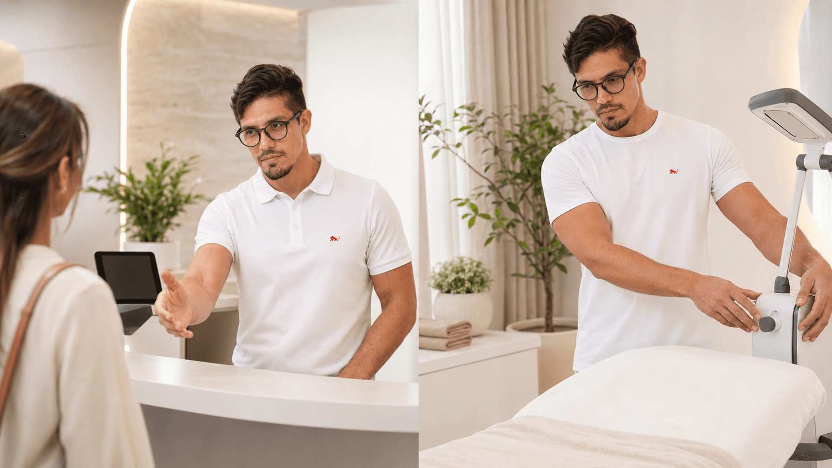 Profissionais de clínica de estética com camisa polo branca e camiseta branca de uniforme na recepção e na sala de procedimento