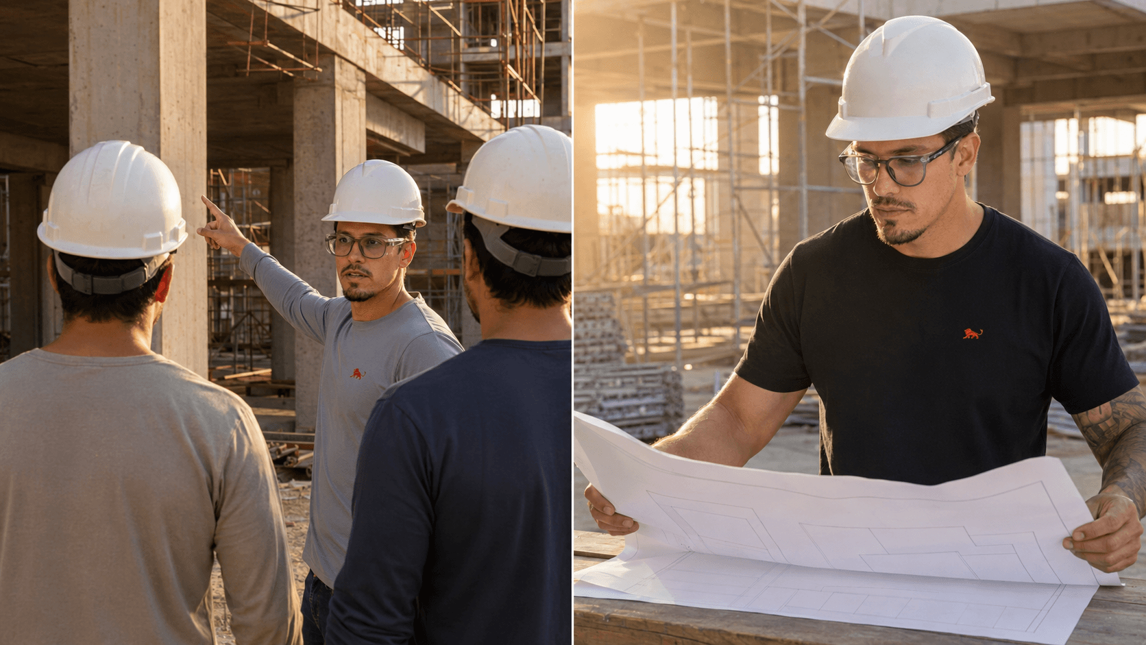 Equipe de obra com camiseta manga longa de uniforme e capacete conferindo a estrutura e a planta no canteiro
