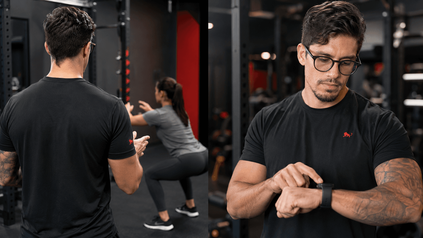 Personal trainer de camiseta preta de treino Lion Brazil corrigindo o agachamento da aluna e cronometrando a série na academia