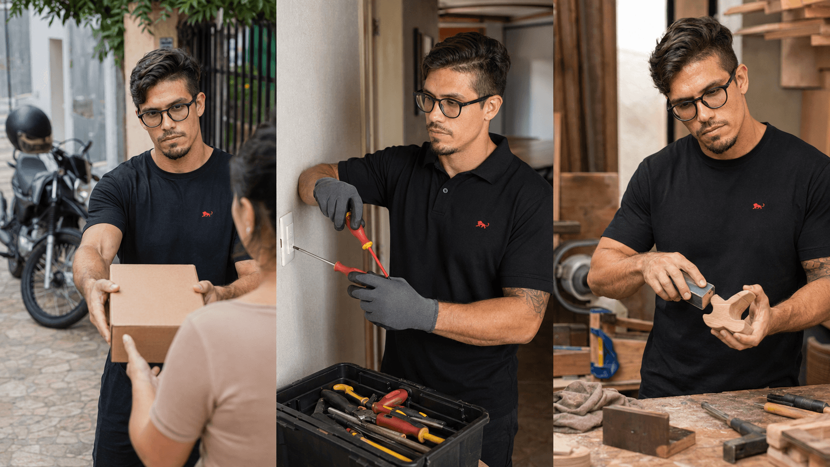 Profissional autônomo de uniforme Lion Brazil na entrega, no reparo elétrico e na bancada de trabalho