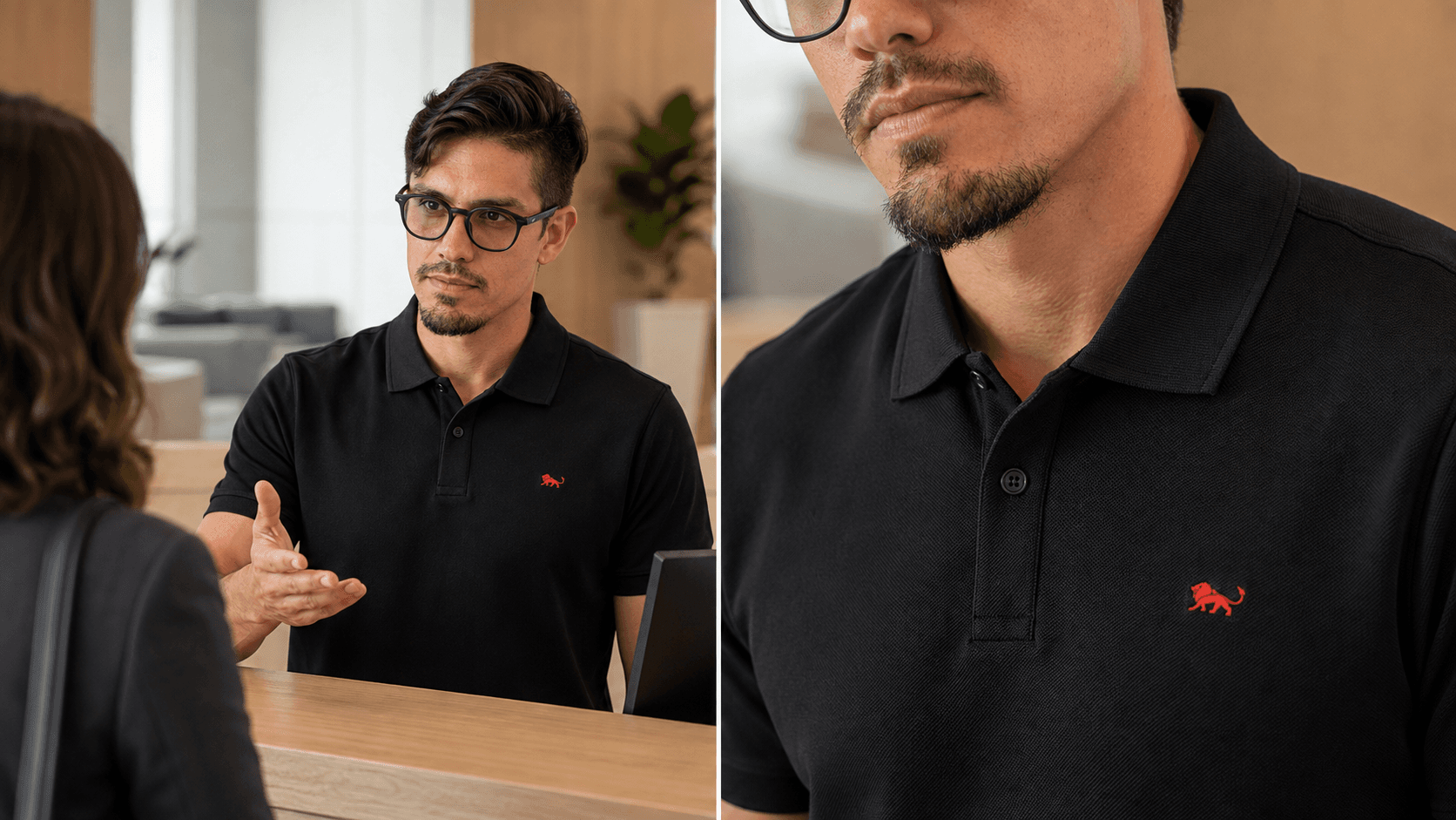 Camisa polo preta personalizada em atendimento no balcão e detalhe da gola com o leão da Lion bordado no peito