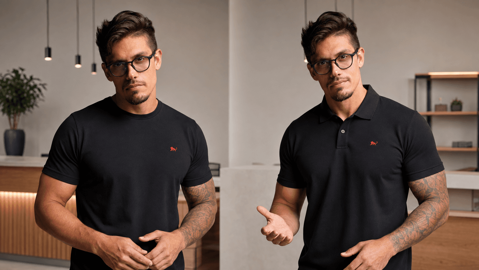 Comparação lado a lado entre camiseta e camisa polo pretas no mesmo uniforme de empresa