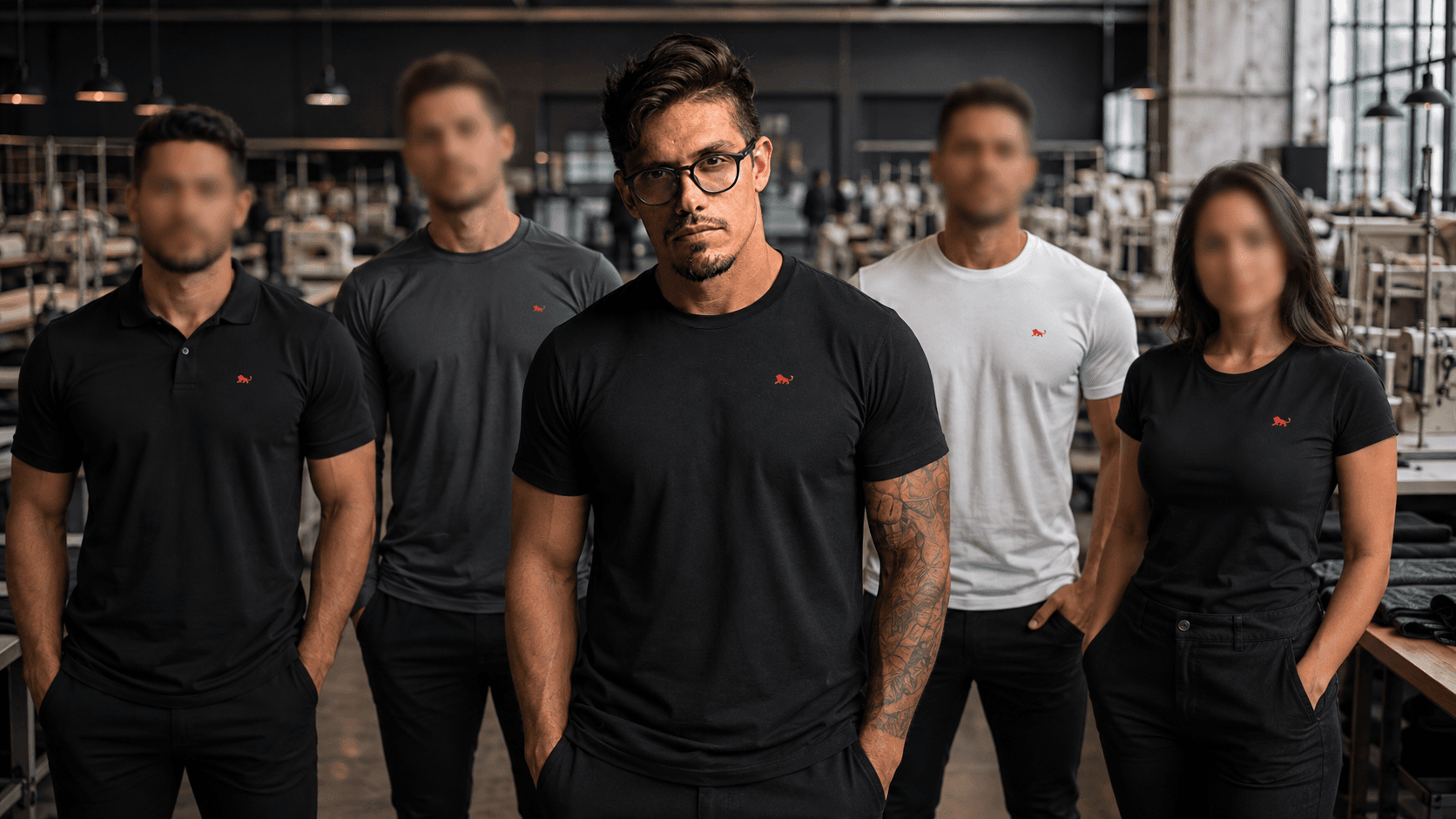 Cinco peças da linha de uniformes Lion Brazil vestidas pela equipe no galpão de confecção