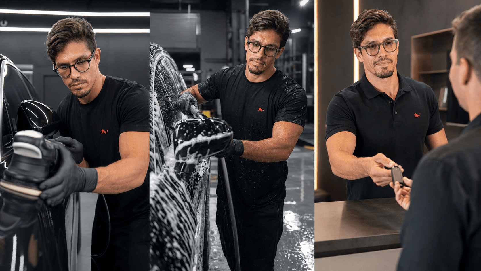 Equipe de estética automotiva de camiseta preta no polimento e na lavagem, e polo preta na entrega do veículo