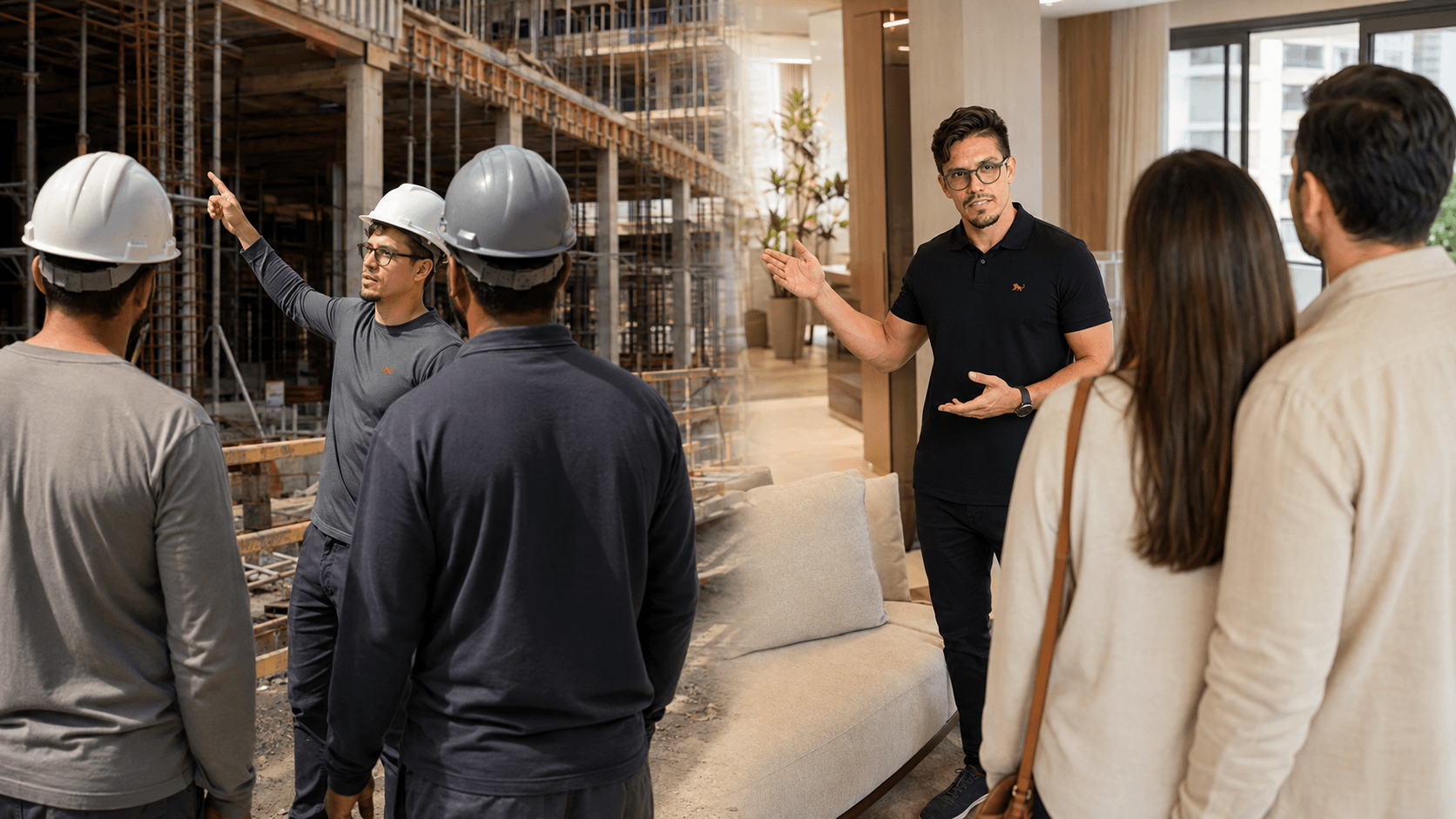 Uniforme de construtora nas duas pontas: manga longa e capacete no canteiro de obras e camisa polo no apartamento decorado