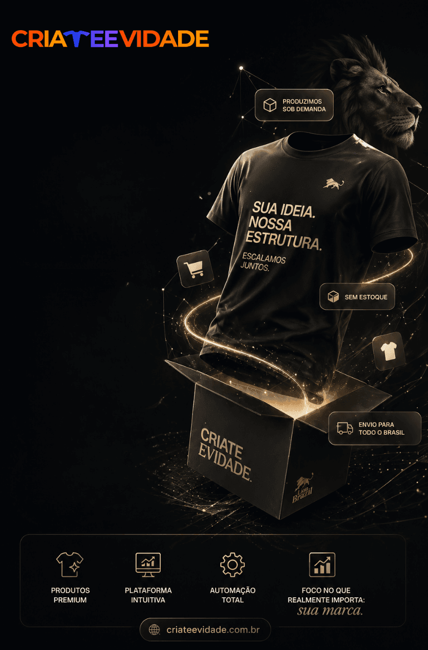 Criate Evidade — plataforma de Print On Demand premium para criadores · infraestrutura Lion Brazil