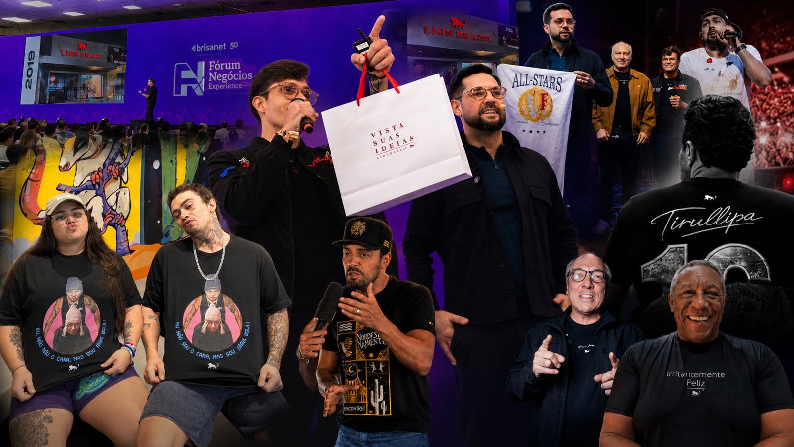 Pessoas e equipes vestindo camisetas personalizadas Lion Brazil no dia a dia
