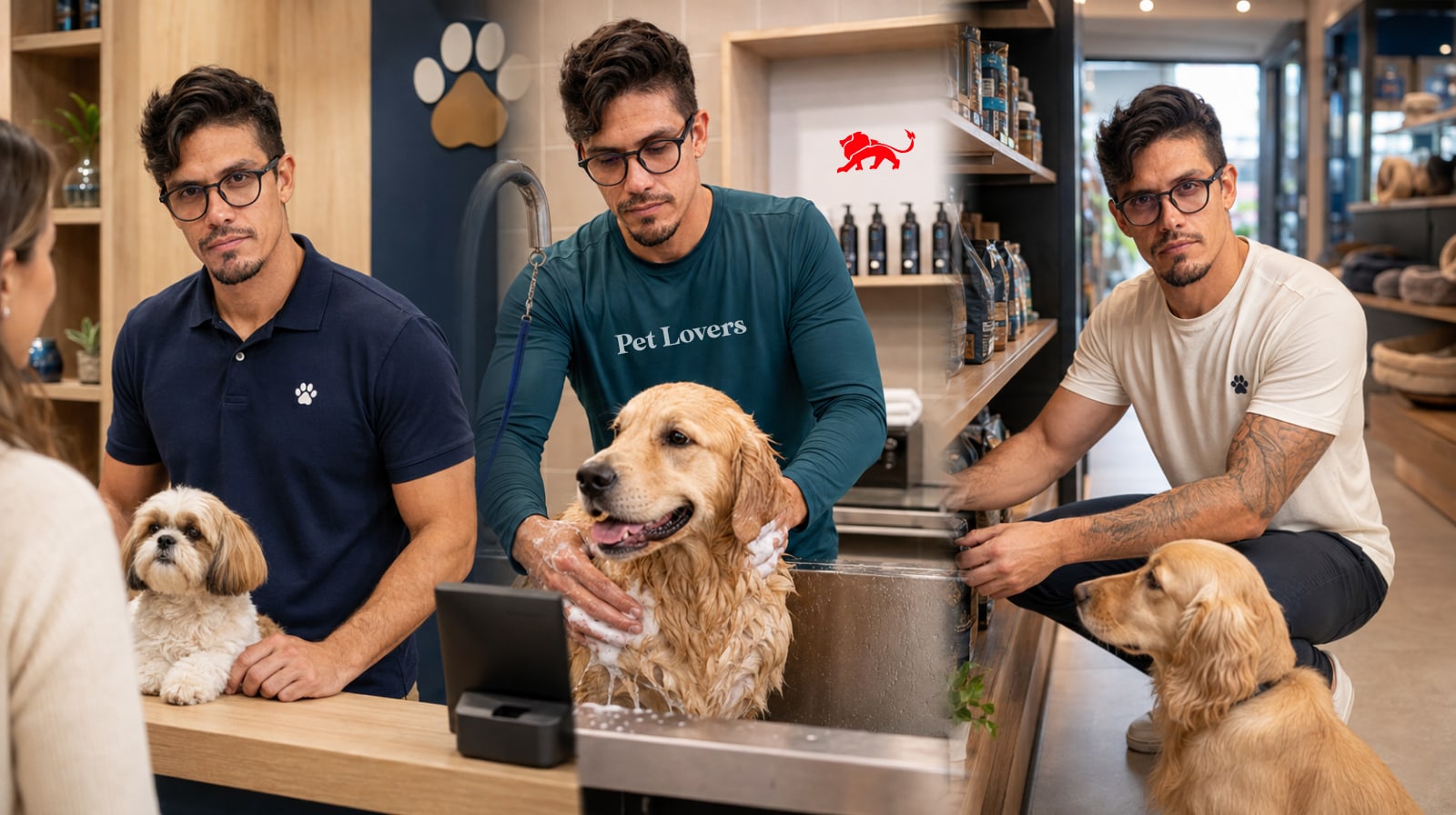 Conjunto de uniforme de pet shop: camisa polo na recepção, manga longa no banho e tosa e camiseta na loja